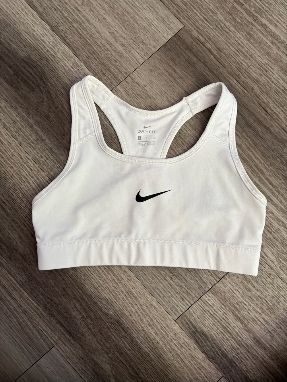 Nike White Dri-FIT Racerback Sports Bra with Black Swoosh Logo